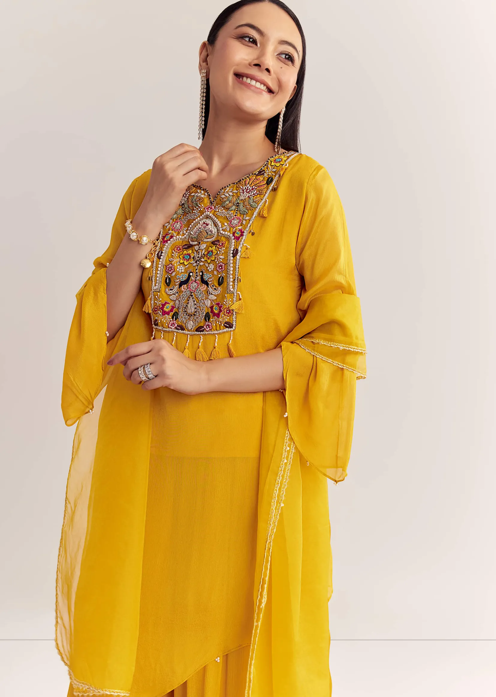 Mustard Chinon Asymmetrical Embroidered Kurta Set With Dupatta
