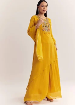 Mustard Chinon Asymmetrical Embroidered Kurta Set With Dupatta