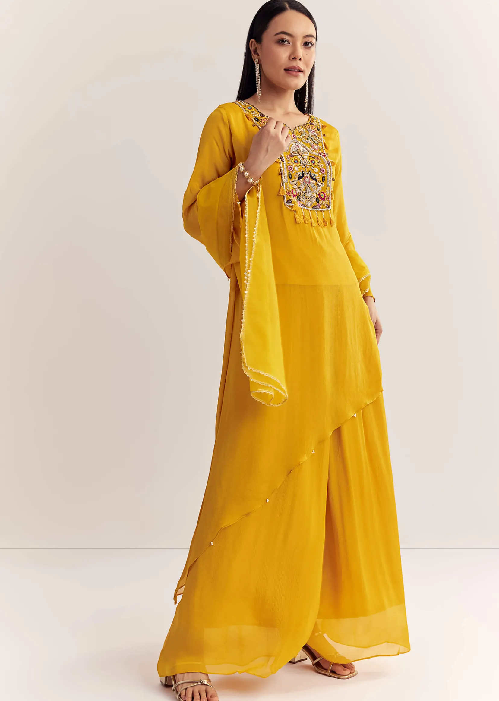 Mustard Chinon Asymmetrical Embroidered Kurta Set With Dupatta