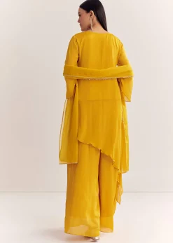 Mustard Chinon Asymmetrical Embroidered Kurta Set With Dupatta