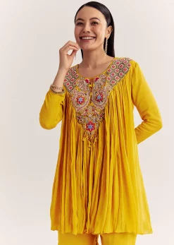 Mustard Chinon Flared Kurta With Thread Work