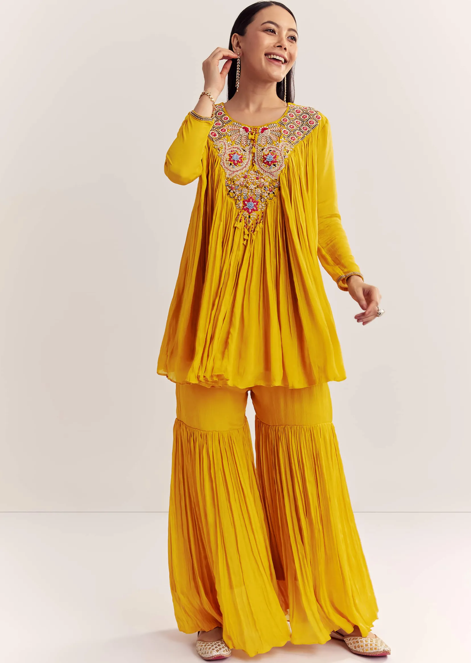 Mustard Chinon Flared Kurta With Thread Work