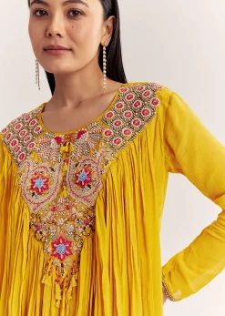 Mustard Chinon Flared Kurta With Thread Work