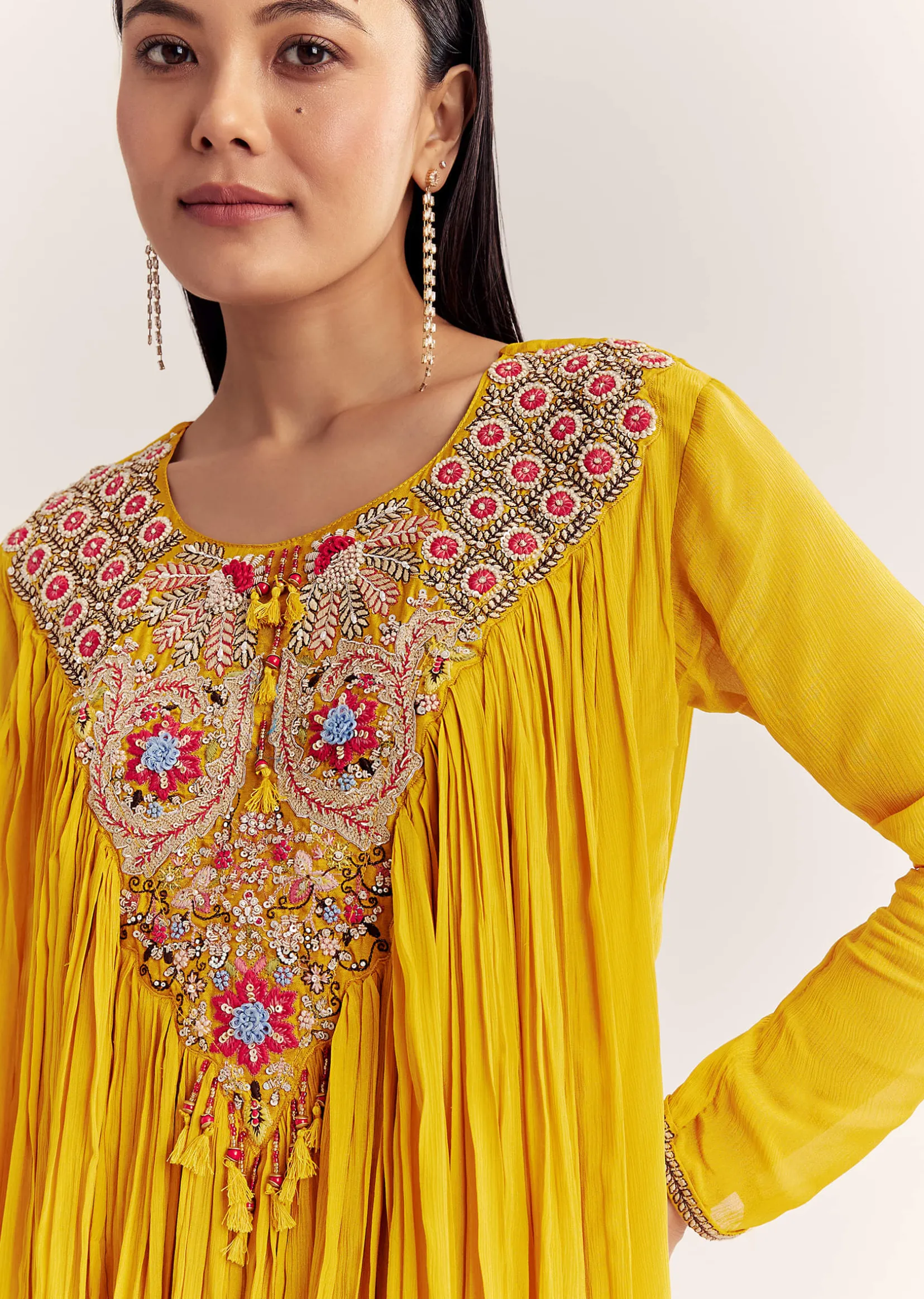 Mustard Chinon Flared Kurta With Thread Work