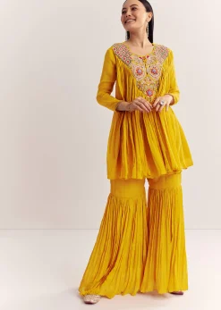 Mustard Chinon Flared Kurta With Thread Work
