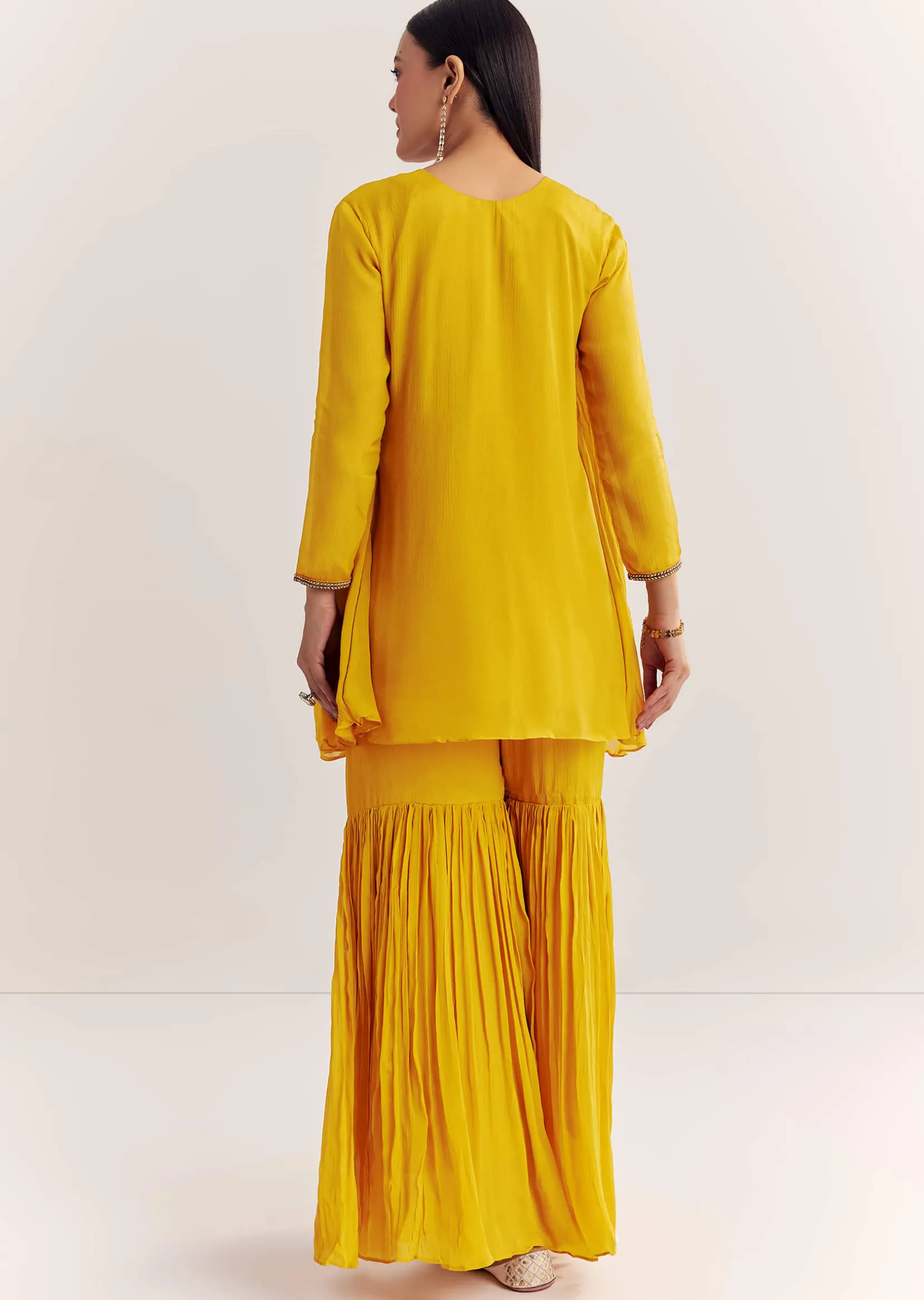 Mustard Chinon Flared Kurta With Thread Work
