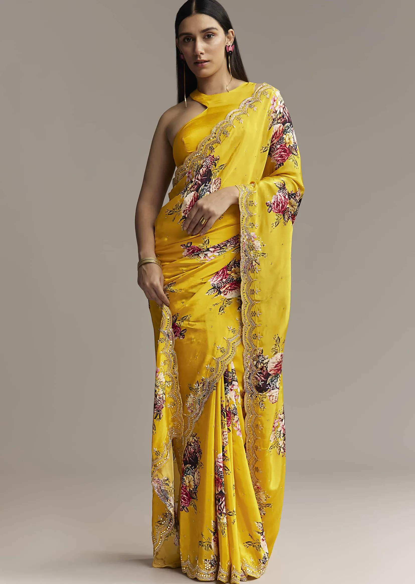 Mustard Crepe Saree With Floral Print And Mirror Border