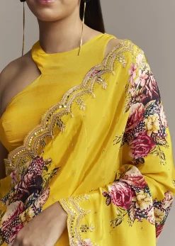 Mustard Crepe Saree With Floral Print And Mirror Border
