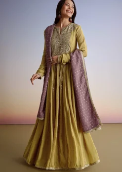 Mustard Crush Tissue Anarkali Suit With Sequins Embroidery