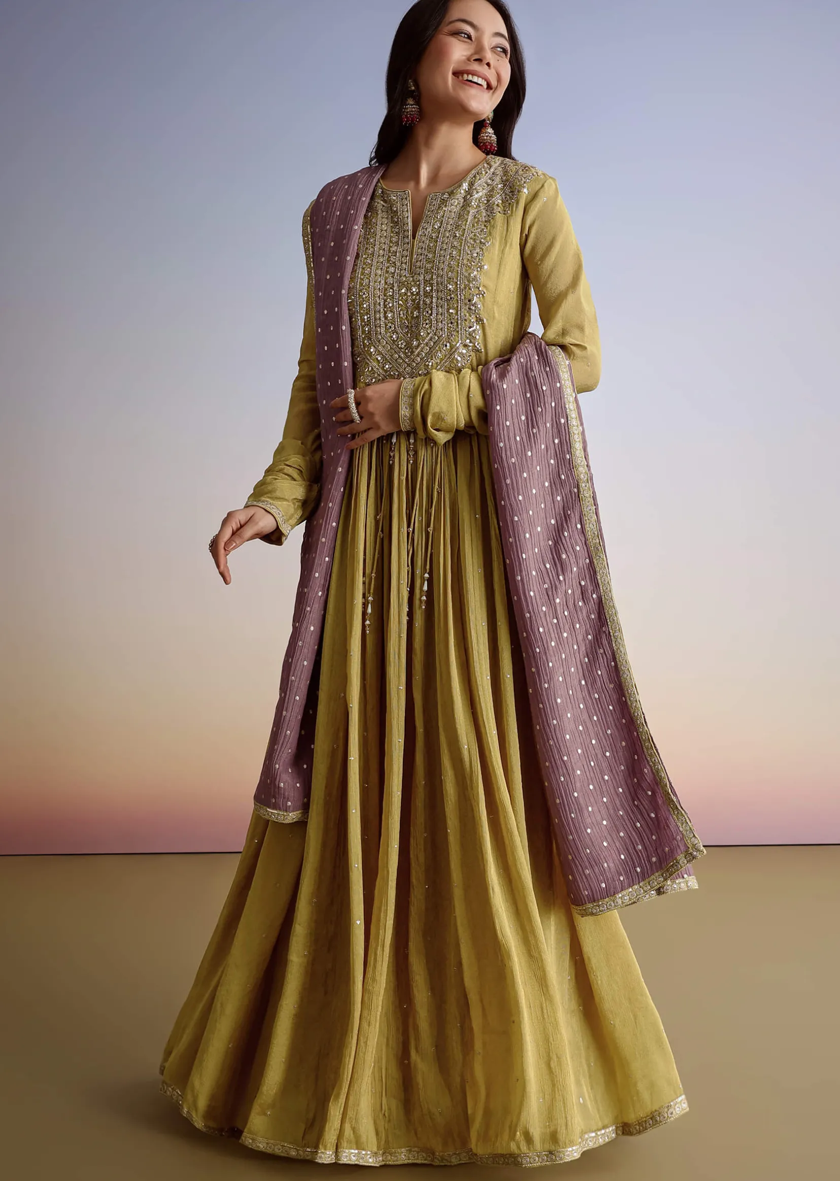 Mustard Crush Tissue Anarkali Suit With Sequins Embroidery