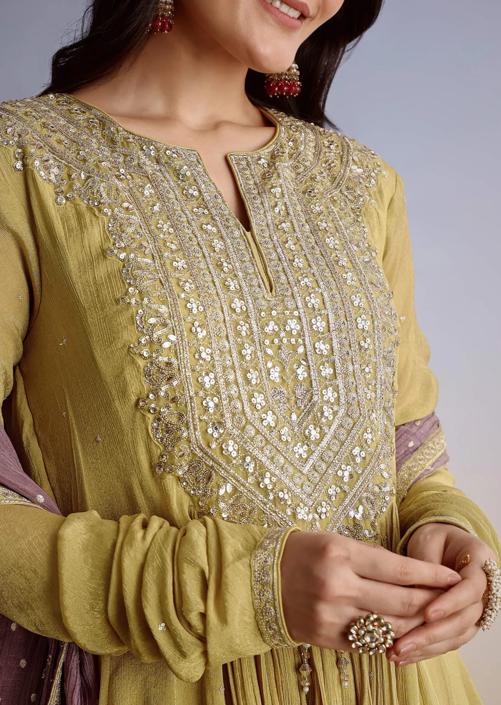 Mustard Crush Tissue Anarkali Suit With Sequins Embroidery
