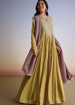Mustard Crush Tissue Anarkali Suit With Sequins Embroidery