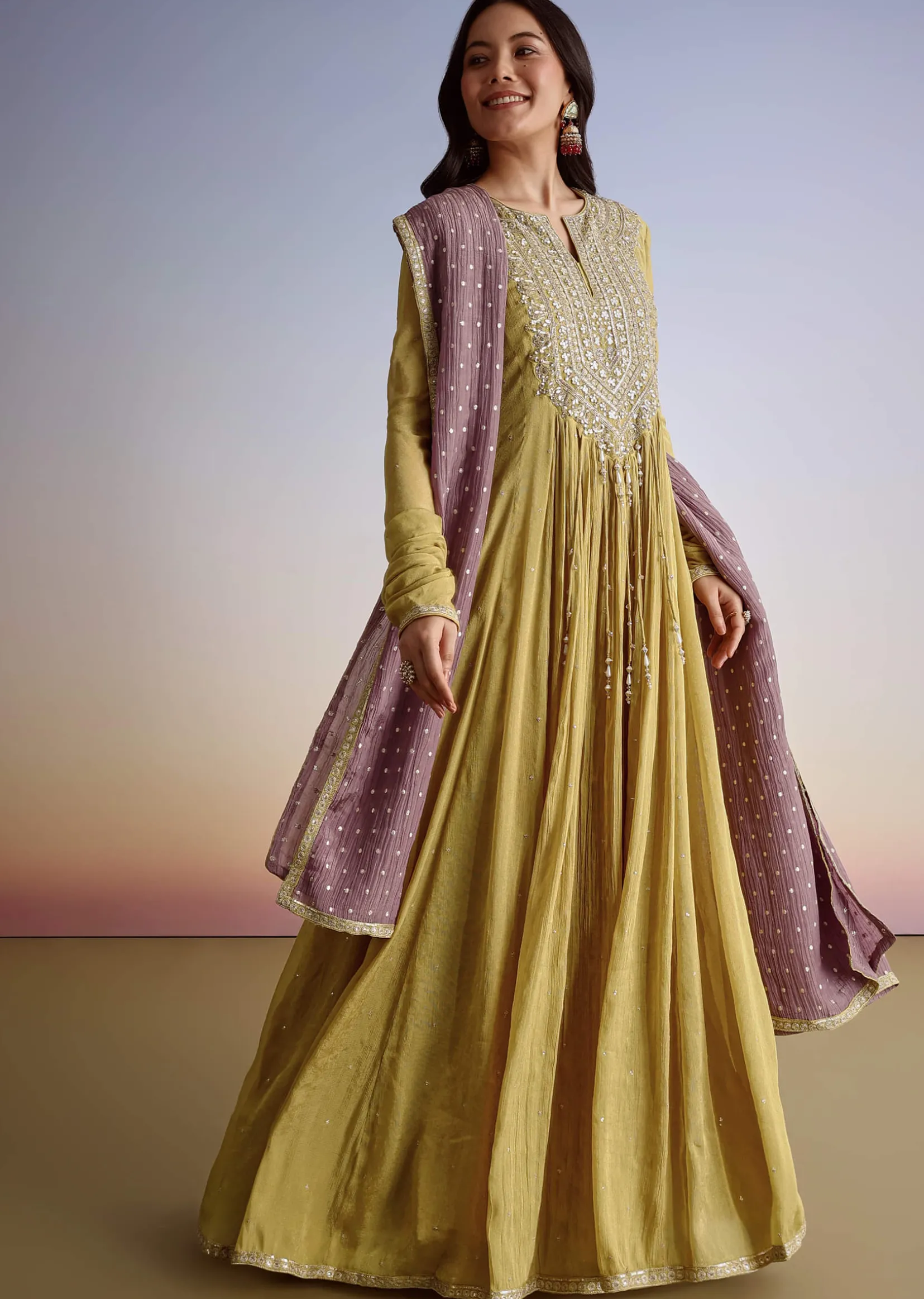Mustard Crush Tissue Anarkali Suit With Sequins Embroidery