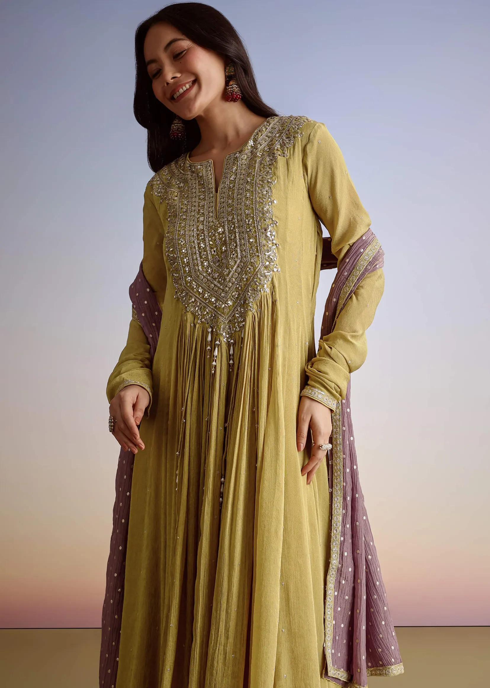 Mustard Crush Tissue Anarkali Suit With Sequins Embroidery
