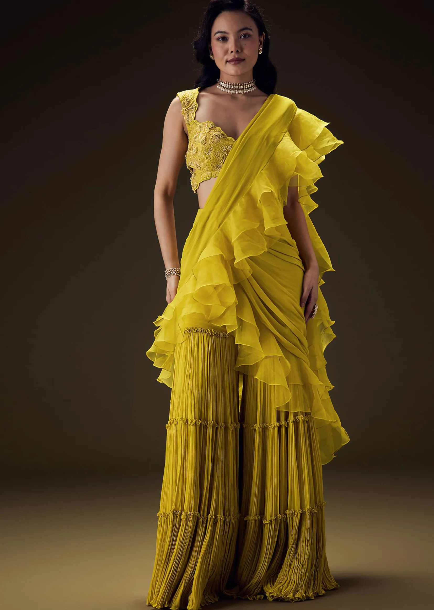 Mustard Embossed Embroidery Sweetheart Neckline Blouse With Tiered Sharara With Drape