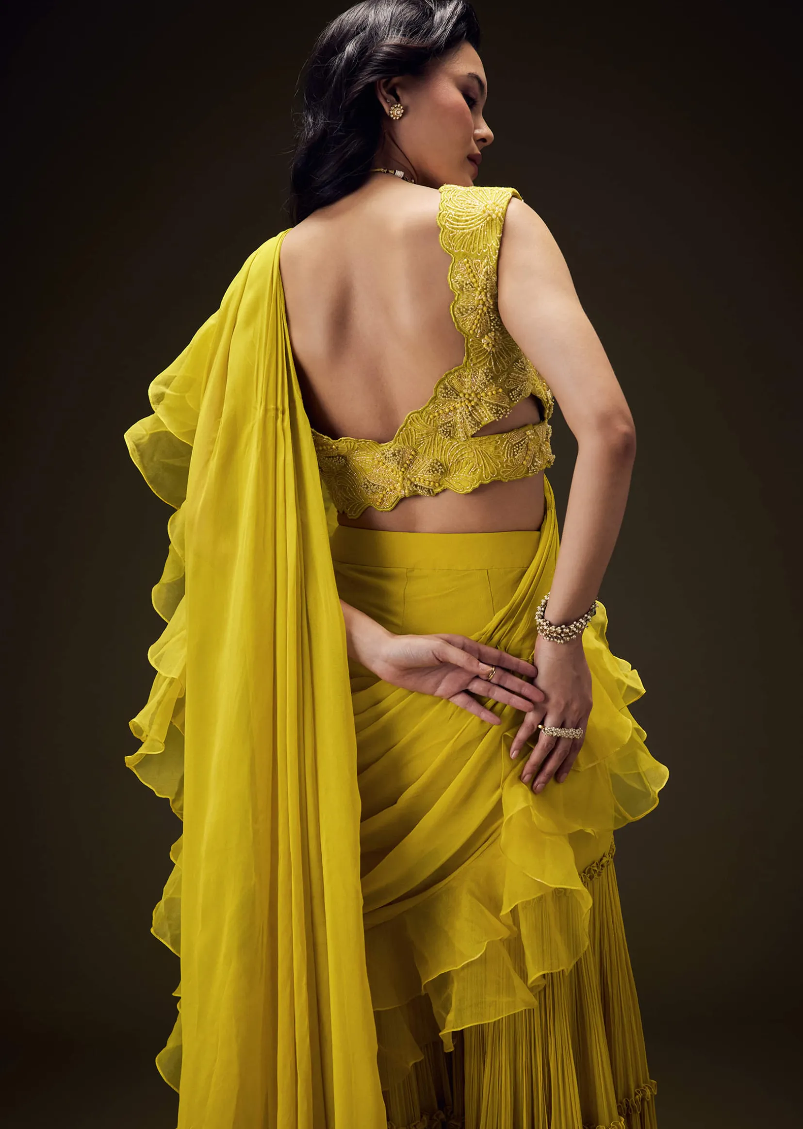 Mustard Embossed Embroidery Sweetheart Neckline Blouse With Tiered Sharara With Drape