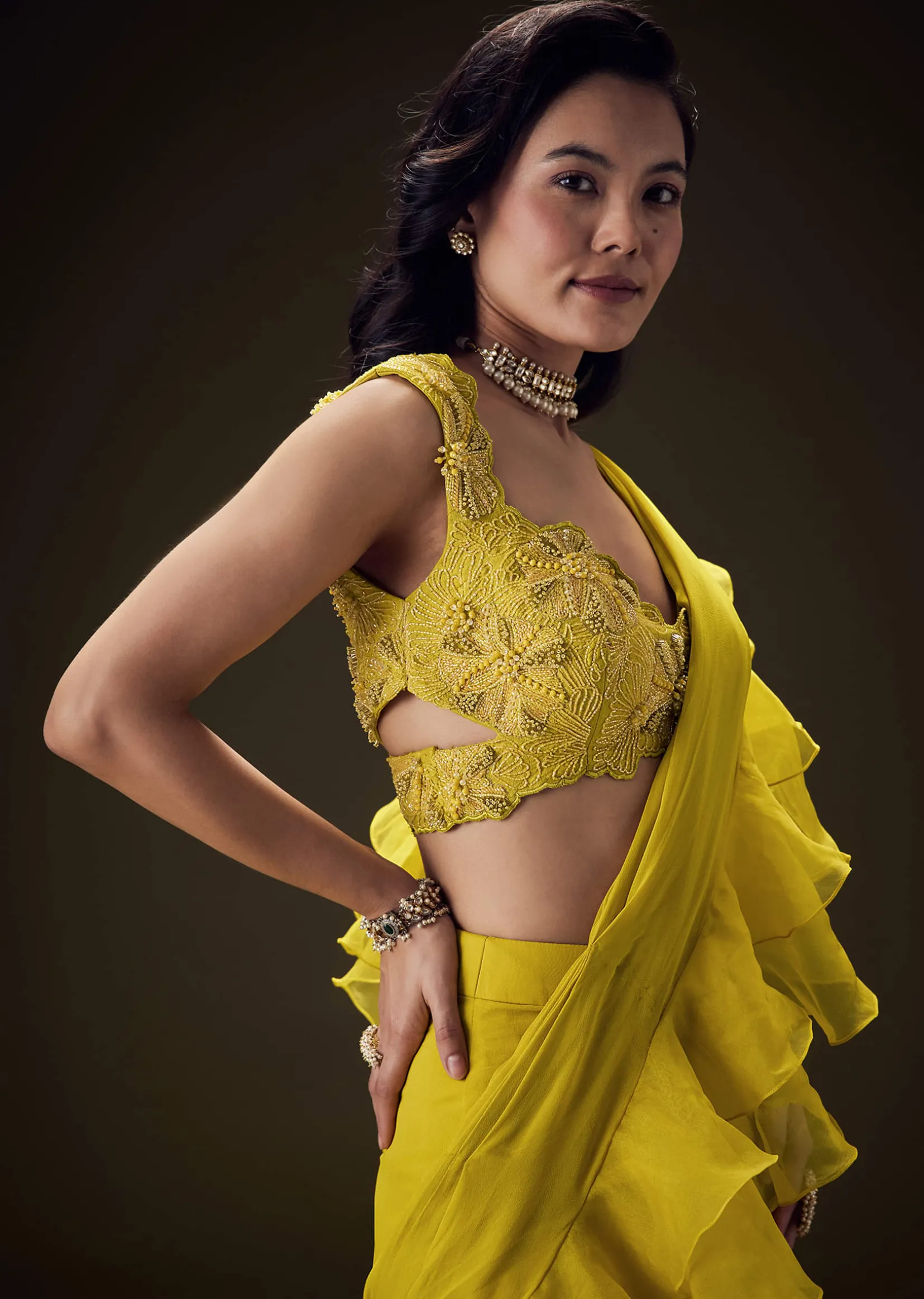 Mustard Embossed Embroidery Sweetheart Neckline Blouse With Tiered Sharara With Drape