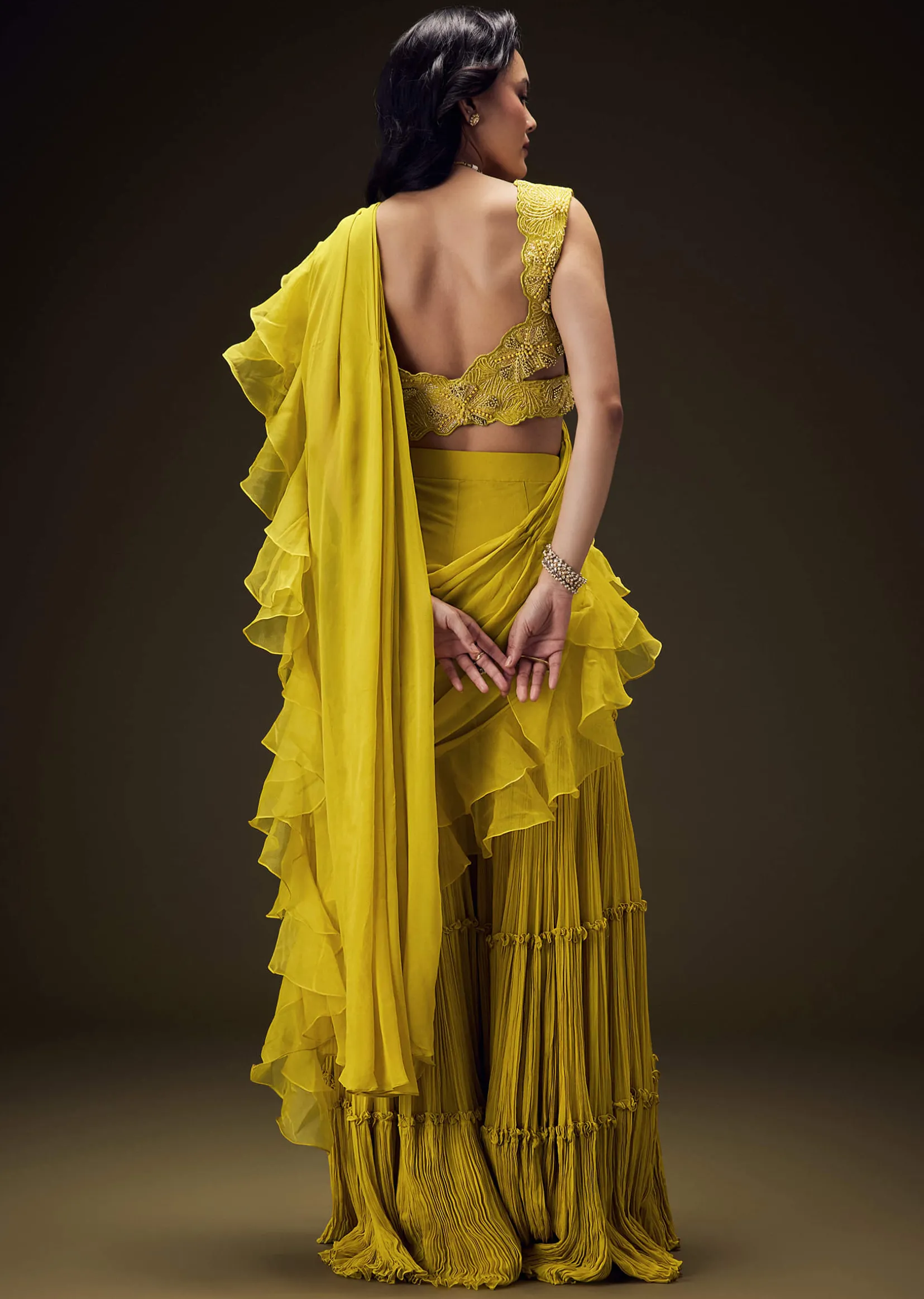 Mustard Embossed Embroidery Sweetheart Neckline Blouse With Tiered Sharara With Drape