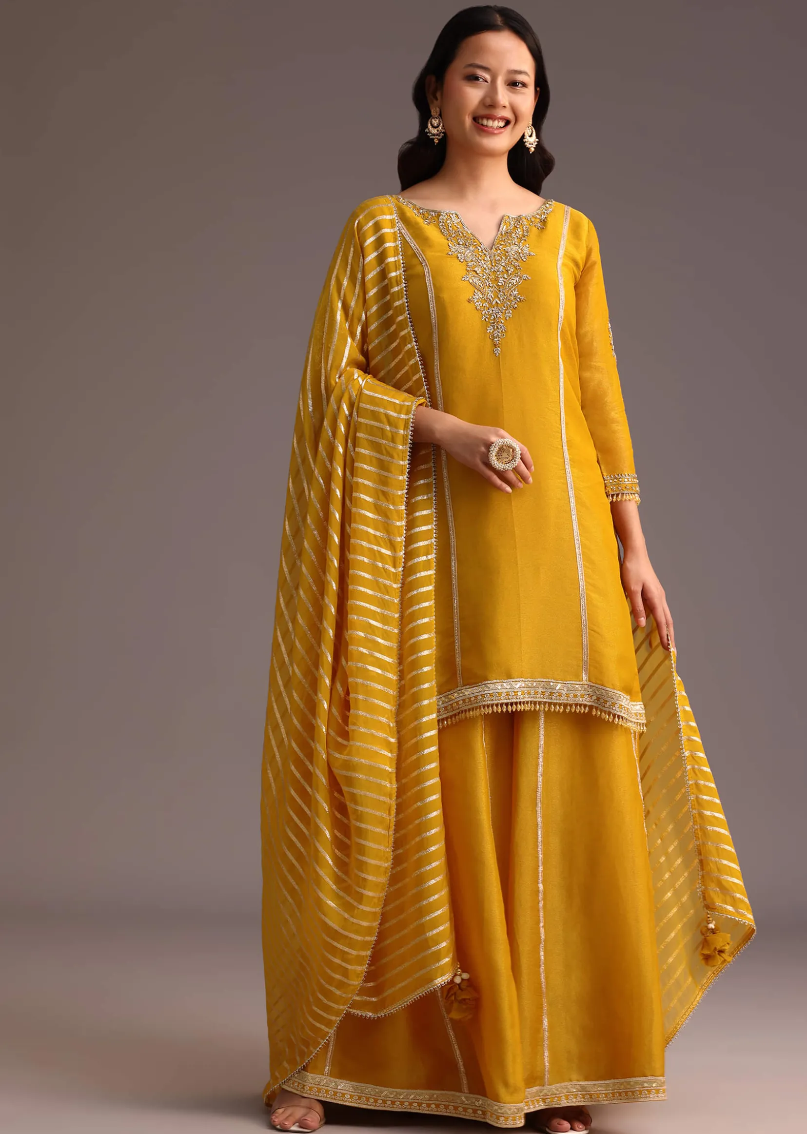 Mustard Embroidered Kurta Palazzo Set With Dupatta