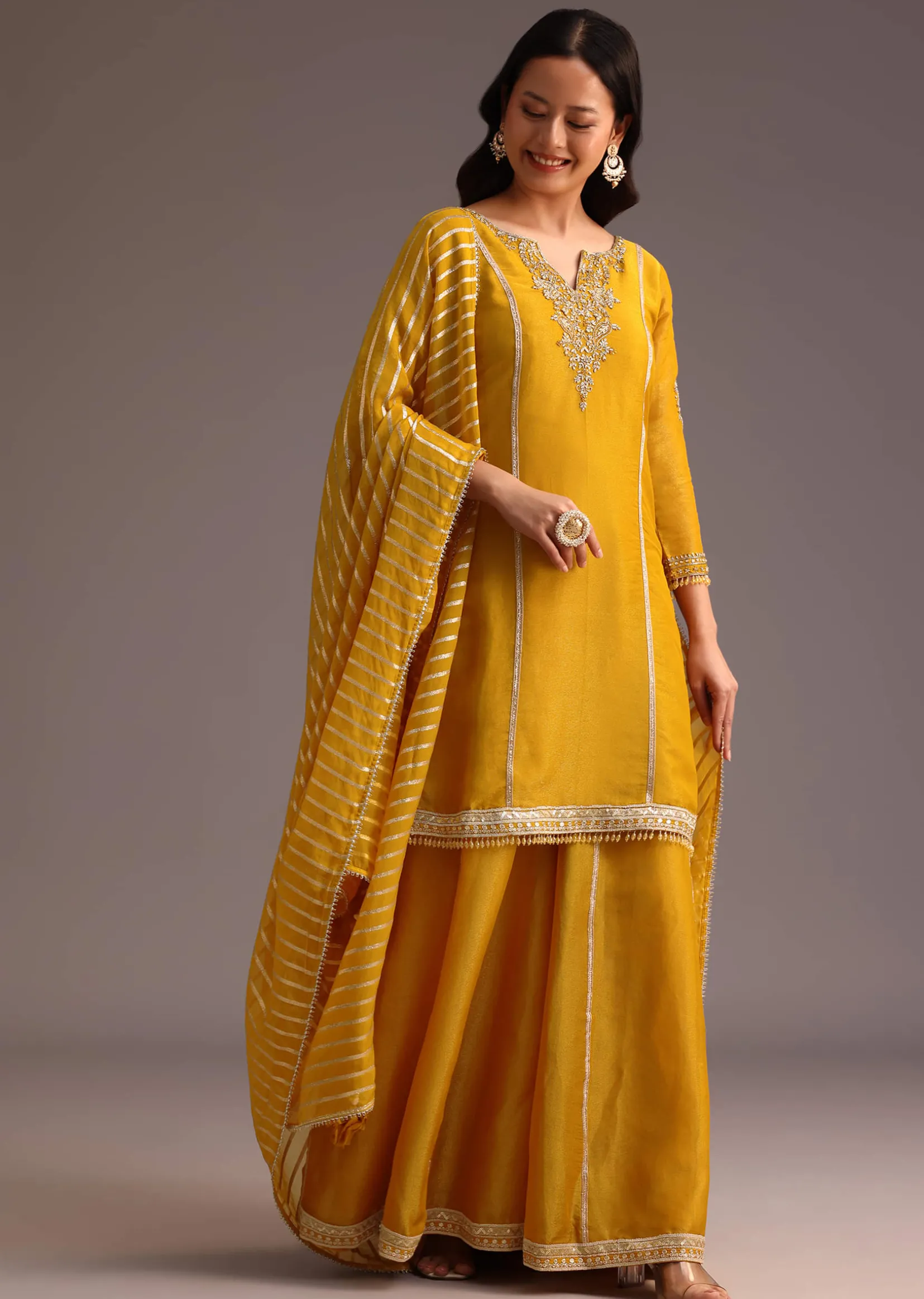Mustard Embroidered Kurta Palazzo Set With Dupatta