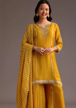 Mustard Embroidered Kurta Palazzo Set With Dupatta
