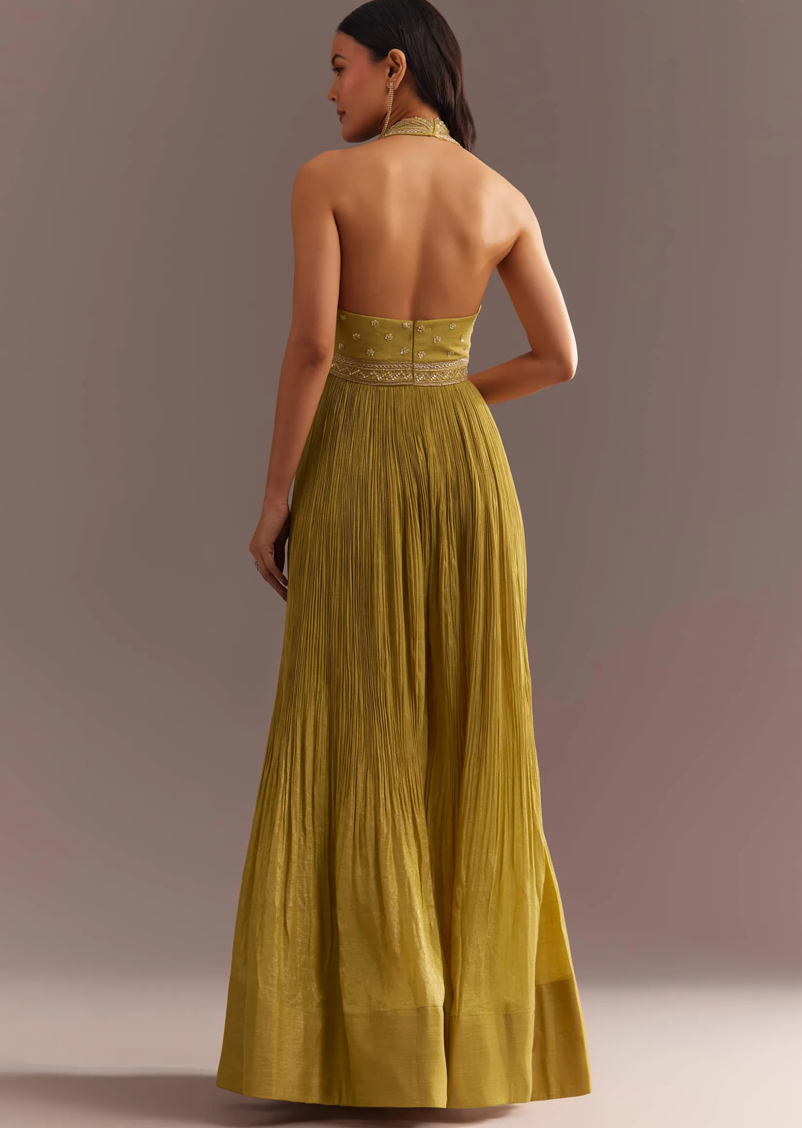 Mustard French Tissue Jumpsuit With Cutdana Work