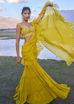 Mustard Georgette Pre Draped Sharara With Embroidered Blouse