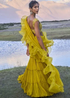 Mustard Georgette Pre Draped Sharara With Embroidered Blouse