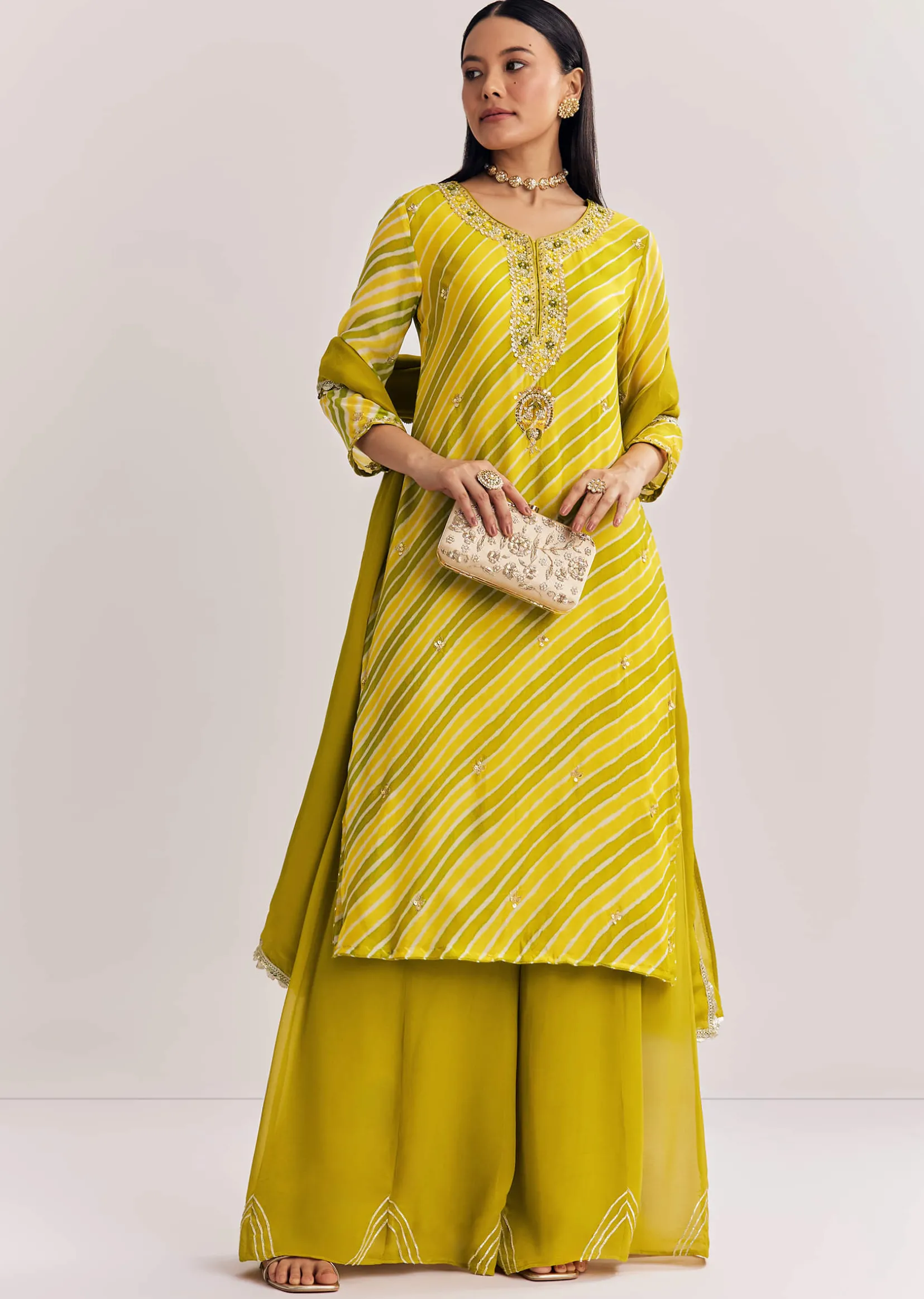 Mustard Leheriya Kurta Palazzo Suit With Cutdana And Sequins Work