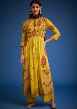 Mustard Linen Silk Floral Embroidered Anarkali Set