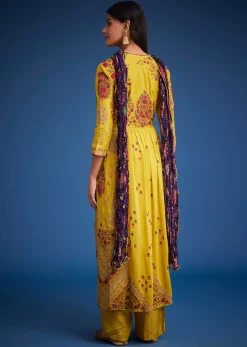 Mustard Linen Silk Floral Embroidered Anarkali Set