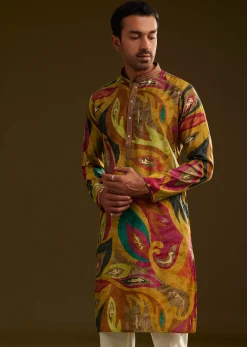 Mustard Multi Color Silk Abstract Printed Kurta Set