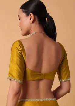 Mustard Satin Chinnon Saree With Mirror Detail Border And Unstitched Blouse Piece