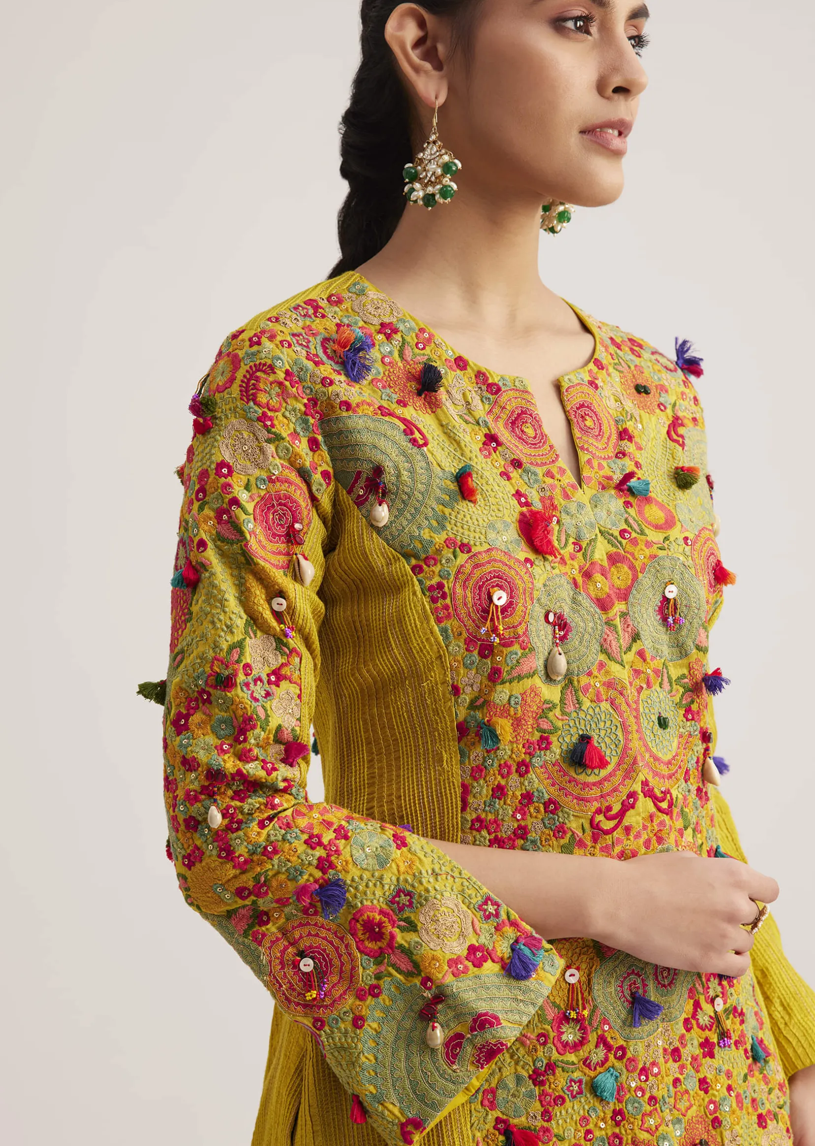 Mustard Silk Kurta Palazzo Set With Resham And Zari Embroidery