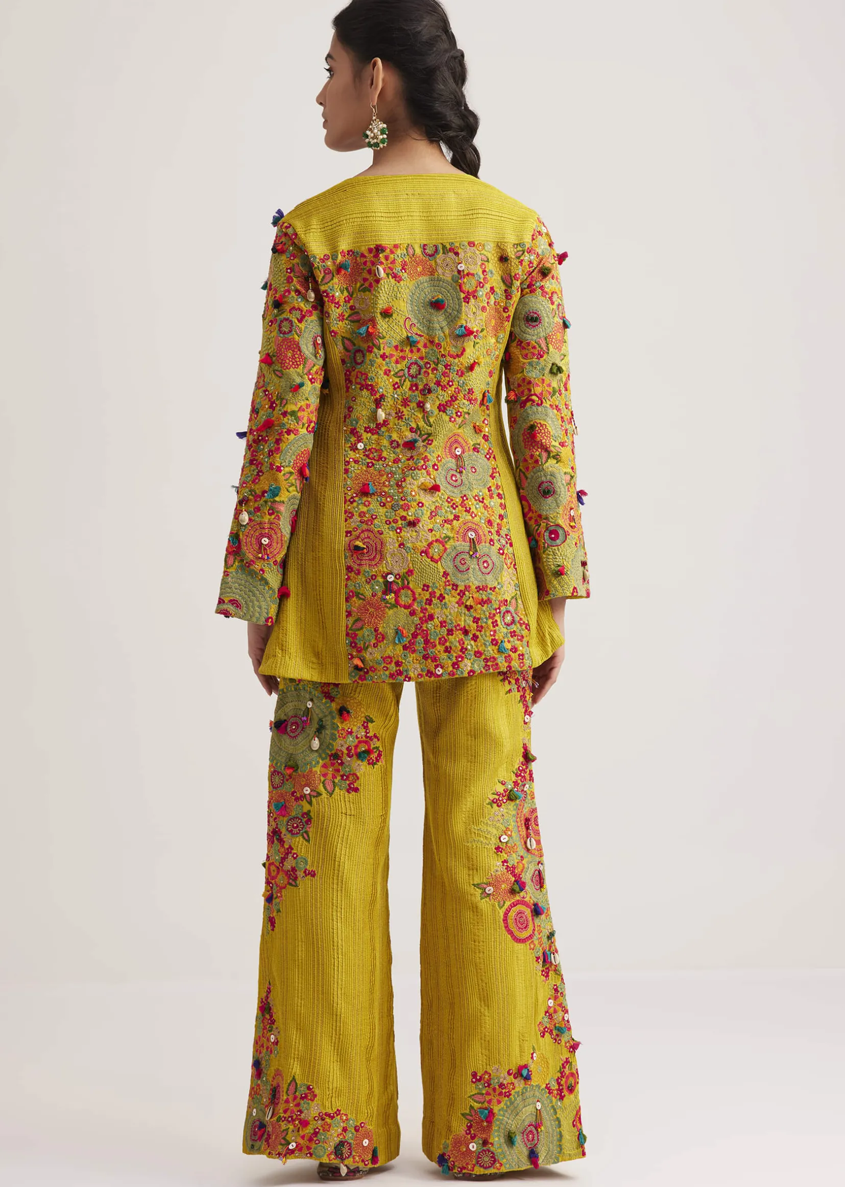 Mustard Silk Kurta Palazzo Set With Resham And Zari Embroidery