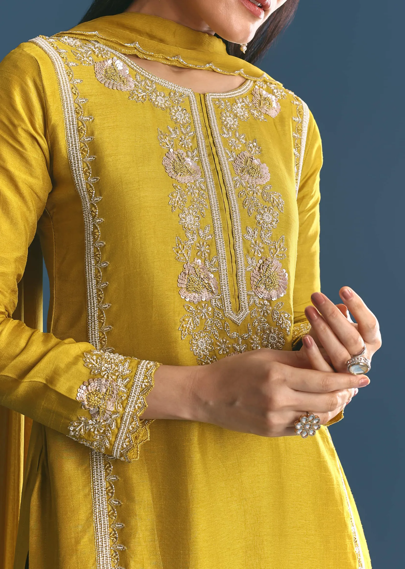 Mustard Silk Kurta Sharara Suit With Sequins And Cutdana Work