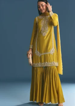 Mustard Silk Kurta Sharara Suit With Sequins And Cutdana Work