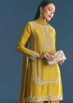 Mustard Silk Kurta Sharara Suit With Sequins And Cutdana Work