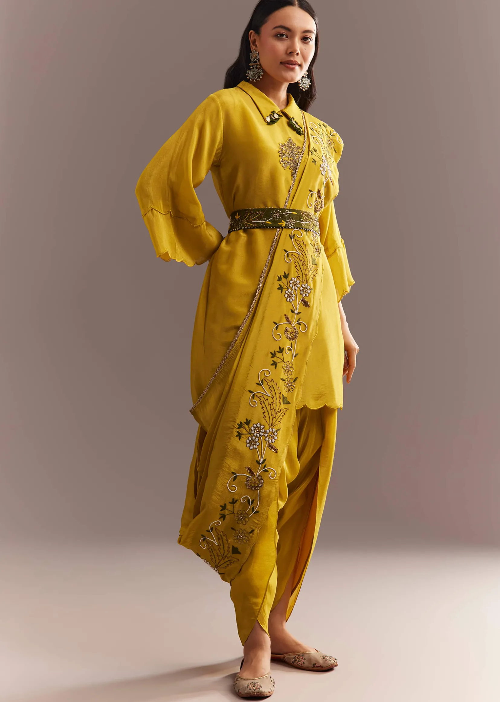 Mustard Tissue Embroidered Kurta Dhoti With Pre Draped Dupatta And Belt