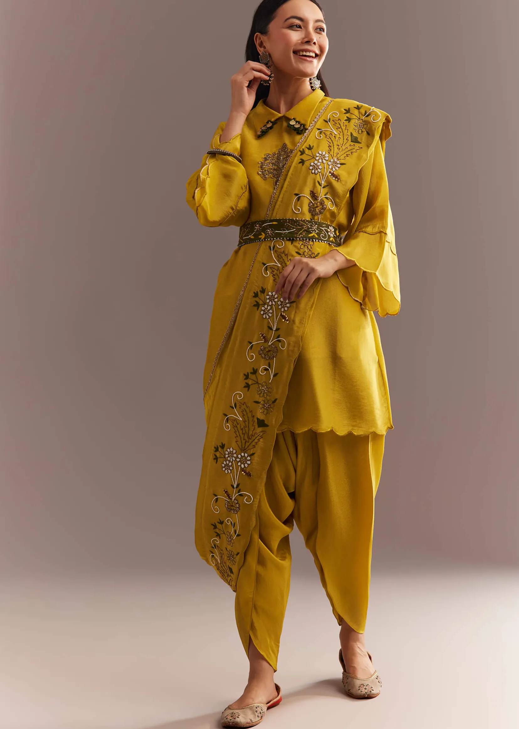Mustard Tissue Embroidered Kurta Dhoti With Pre Draped Dupatta And Belt