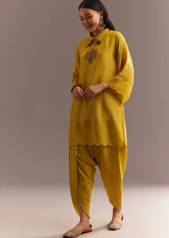 Mustard Tissue Embroidered Kurta Dhoti With Pre Draped Dupatta And Belt