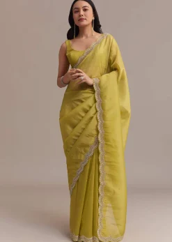 Mustard Tissue Organza Saree With Sequins Embellished Border