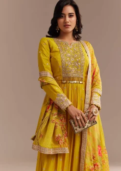 Mustard Yellow Chiffon Zardosi Anarkali Set