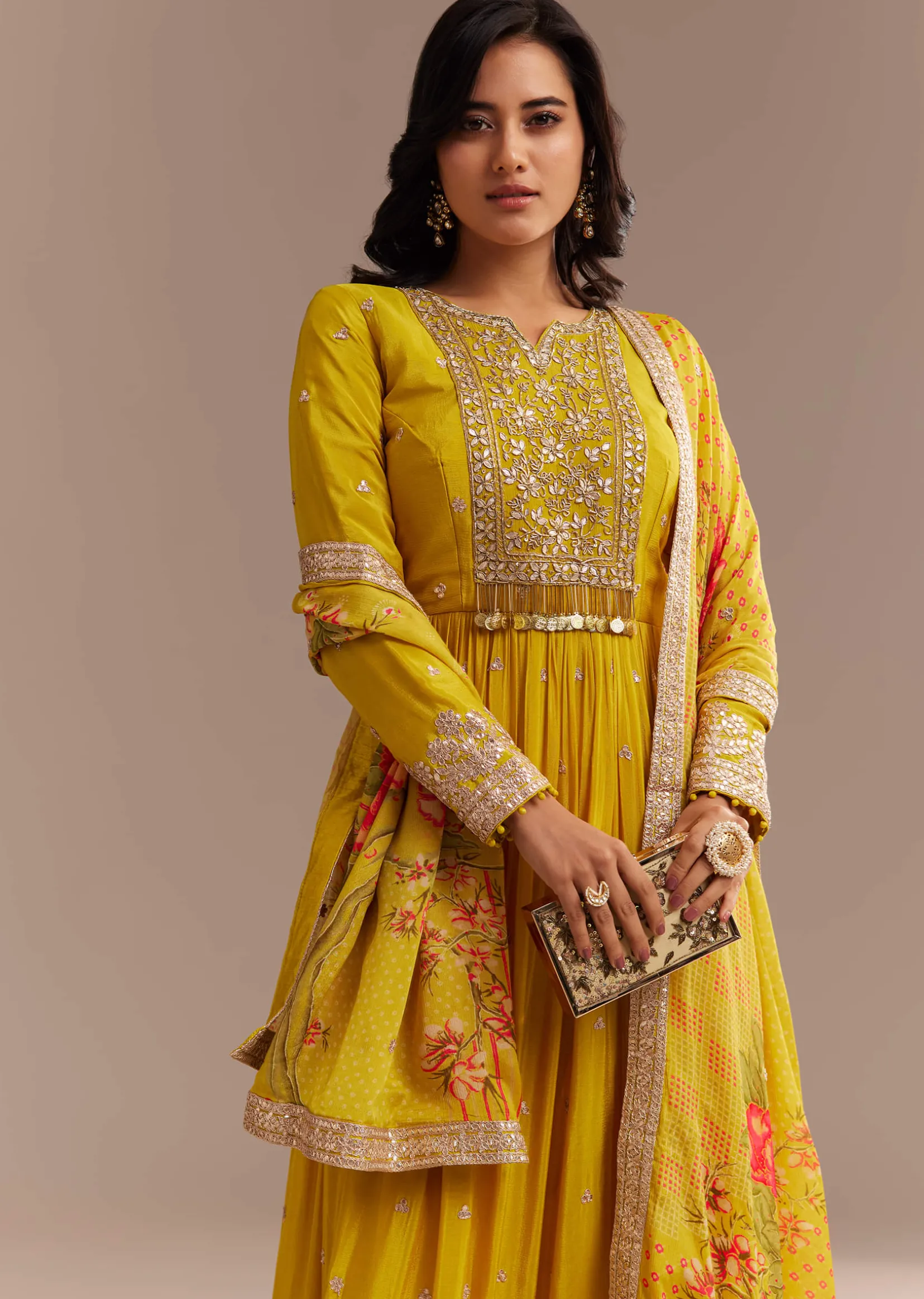 Mustard Yellow Chiffon Zardosi Anarkali Set