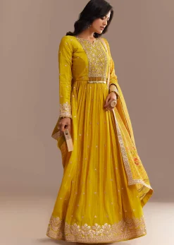 Mustard Yellow Chiffon Zardosi Anarkali Set