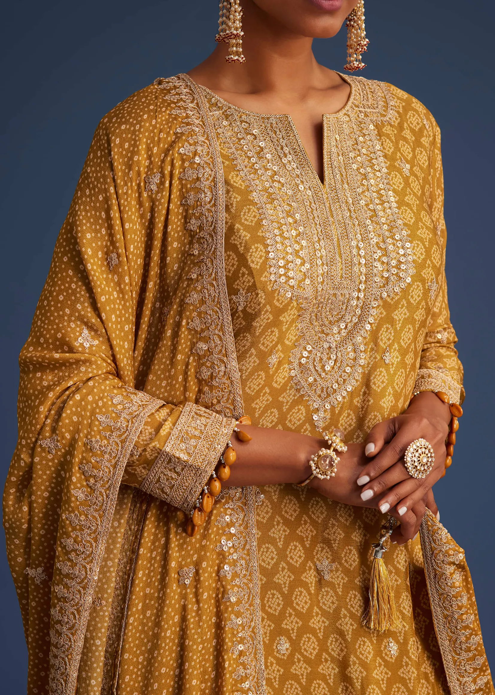 Mustard Yellow Chinon Bandhani Palazzo Set