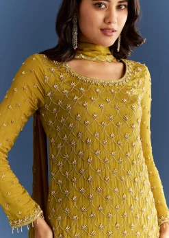 Mustard Yellow Chinon Kurta With Sharara And Dupatta