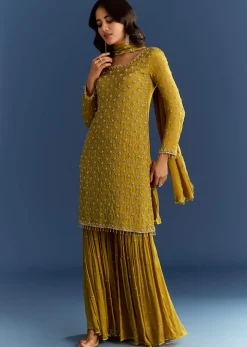 Mustard Yellow Chinon Kurta With Sharara And Dupatta