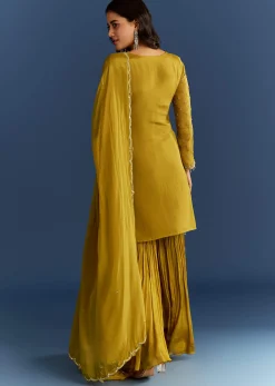Mustard Yellow Chinon Kurta With Sharara And Dupatta