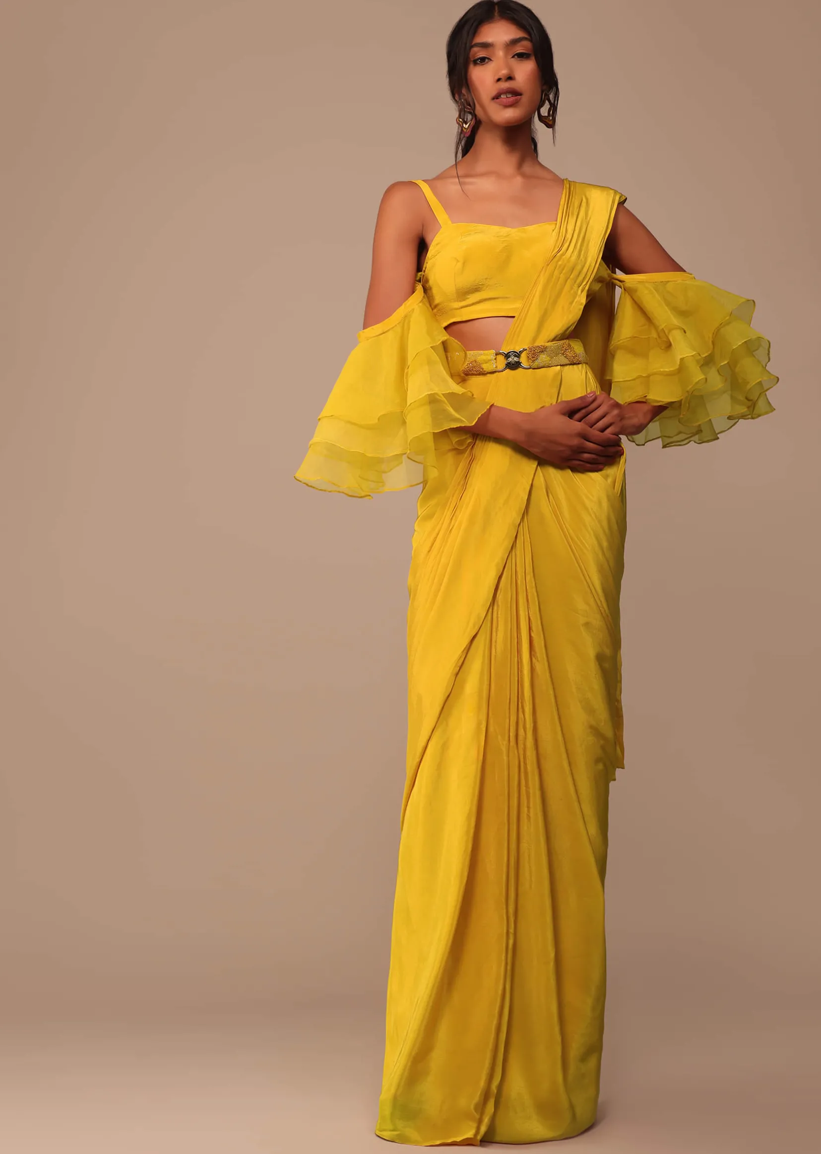 Mustard Yellow Crepe Saree With Ruffle Layered Blouse And Embroidered Belt